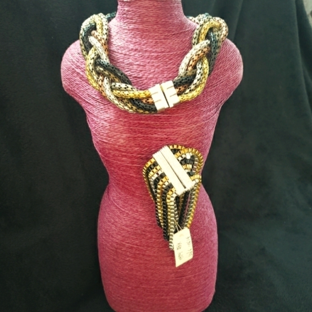 Erica Lyons 3 Tone Metal Chunky Braid Twist Magnet Choker Necklace and Bracelet
